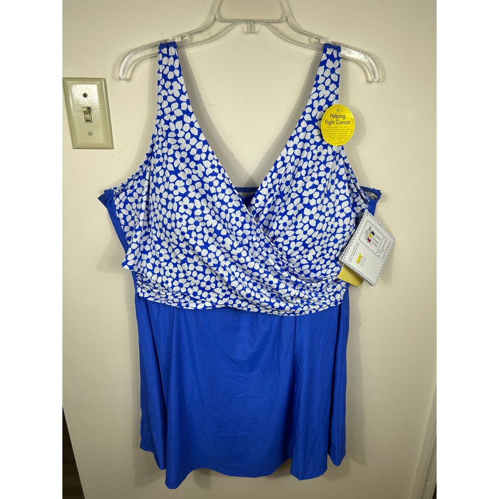 VTG It Figures Swimsuit 26W Blue Floral Hip‎ Hider Y2K Swimdress NEW Shaping